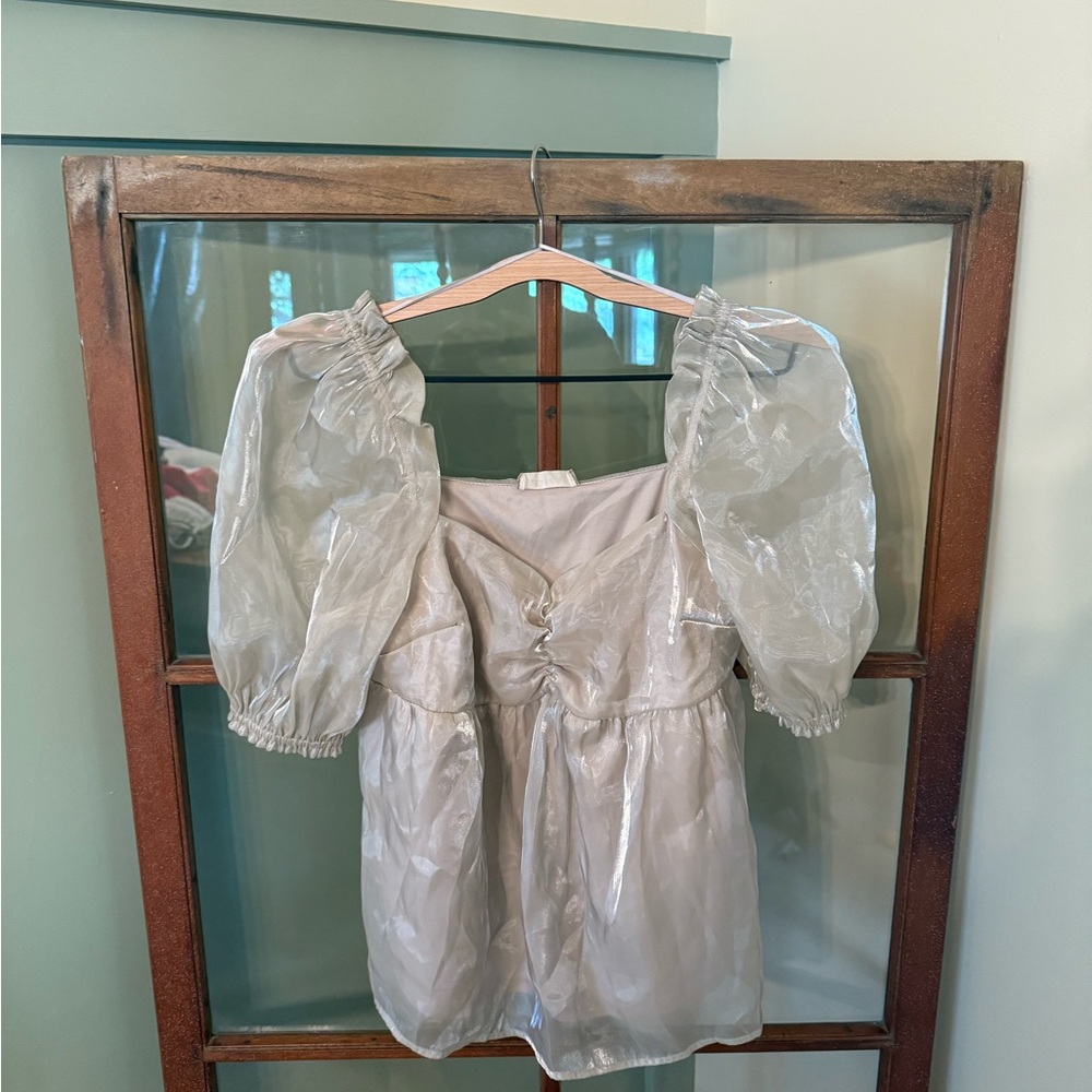 Altar'd State Sheer Metallic Puff Bubble Sleeve Blouse in Cream/Grey Size Small